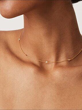 14K Gold  Station Necklace, Cubic Zirconia Chain, Layering Necklace